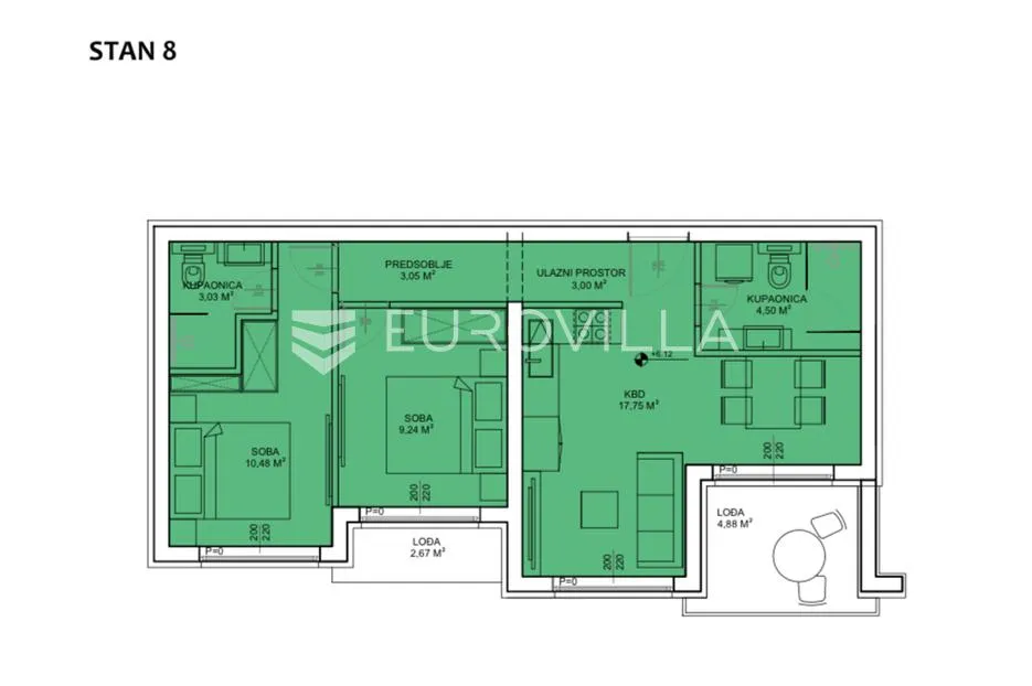 sveti petar na moru, biograd na moru, stan s8 na drugom katu površine 56,71 m² s krovnom terasom - slika 11