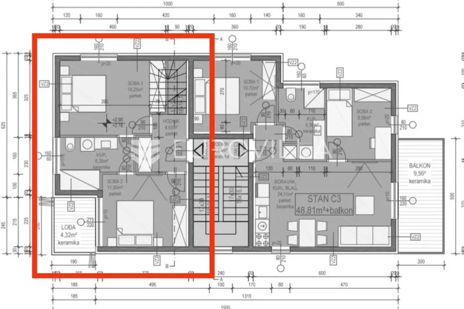 zadar, vir, dvoetažni apartman c2 površine 81,07 m² s pripadajućom krovnom terasom površine 30 m² - slika 6