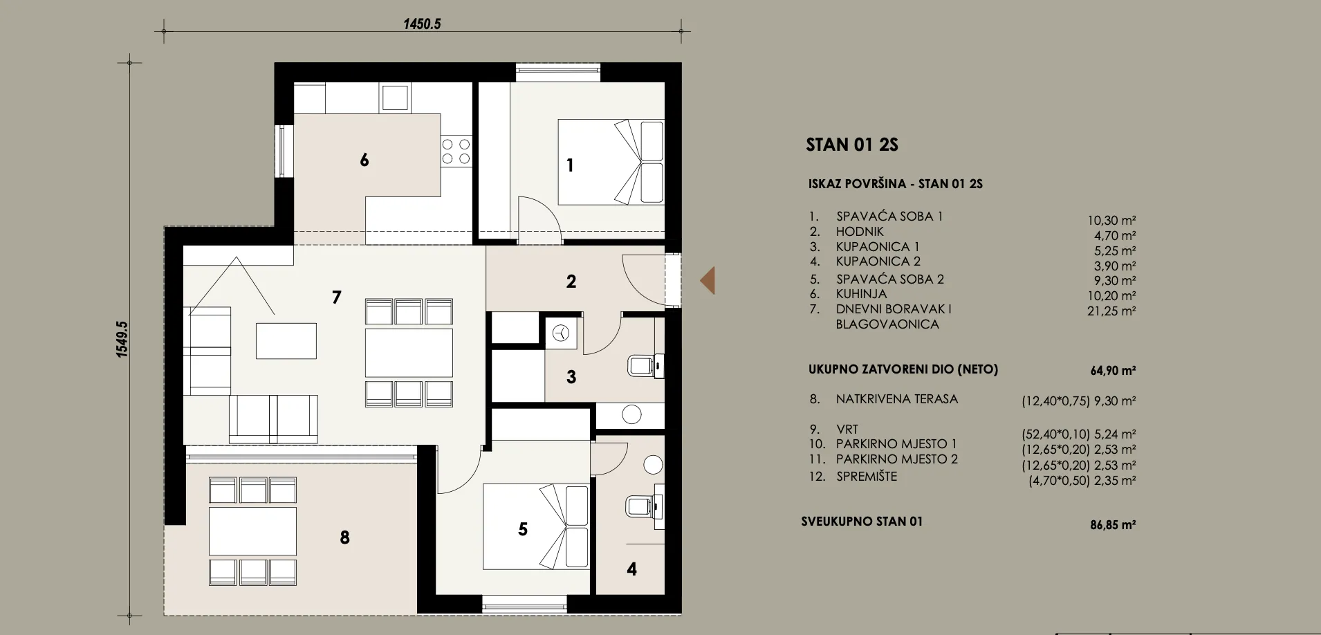 zadar, borik moderno koncipiran dvosobni stan u prizemlju s vrtom 85,59 m², s1 - slika 8