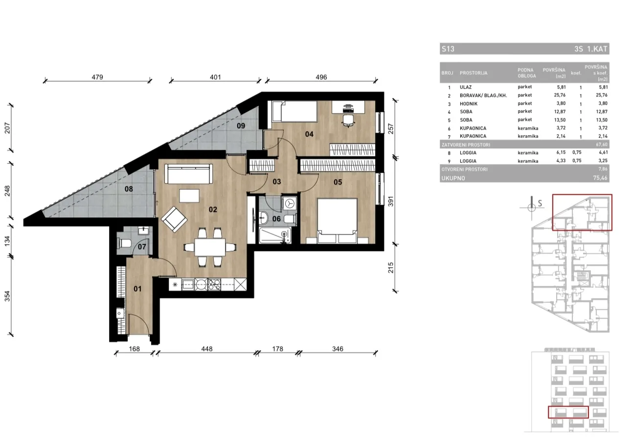 zagreb, vrapče, novogradnja, trosoban stan na prvom katu s dvije loggie, 75,46 m² - slika 4