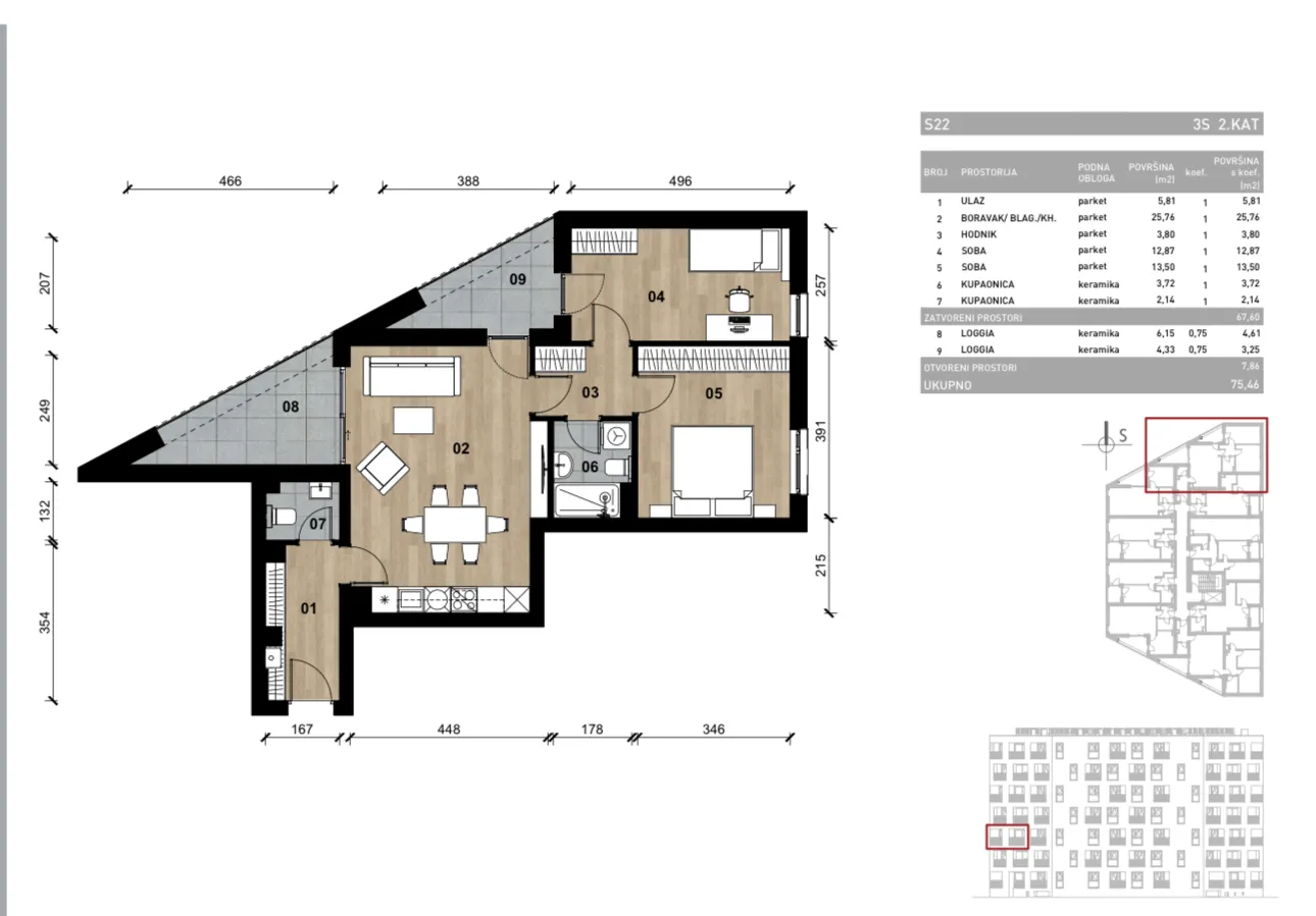 zagreb, vrapče, novogradnja, trosoban stan na drugom katu s dvije loggie, 75,46 m² - slika 4