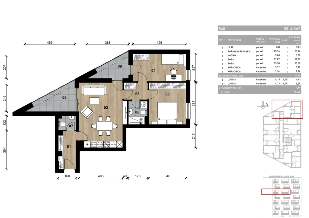 zagreb, vrapče, novogradnja, trosoban stan na četvrtom katu s dvije loggie, 75,46 m² - slika 4