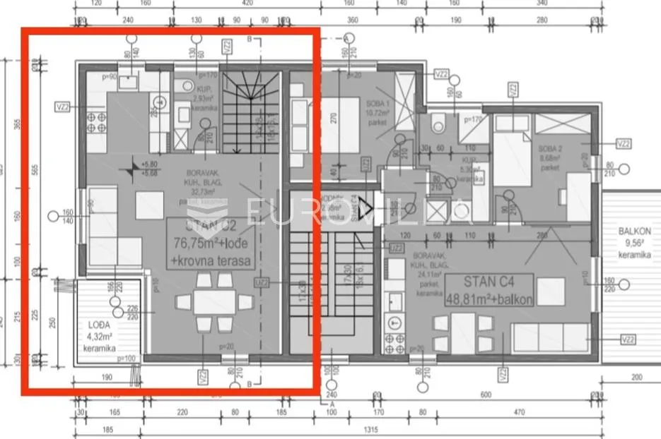 zadar, vir, dvoetažni apartman c2 površine 81,07 m² s pripadajućom krovnom terasom površine 30 m² - slika 7
