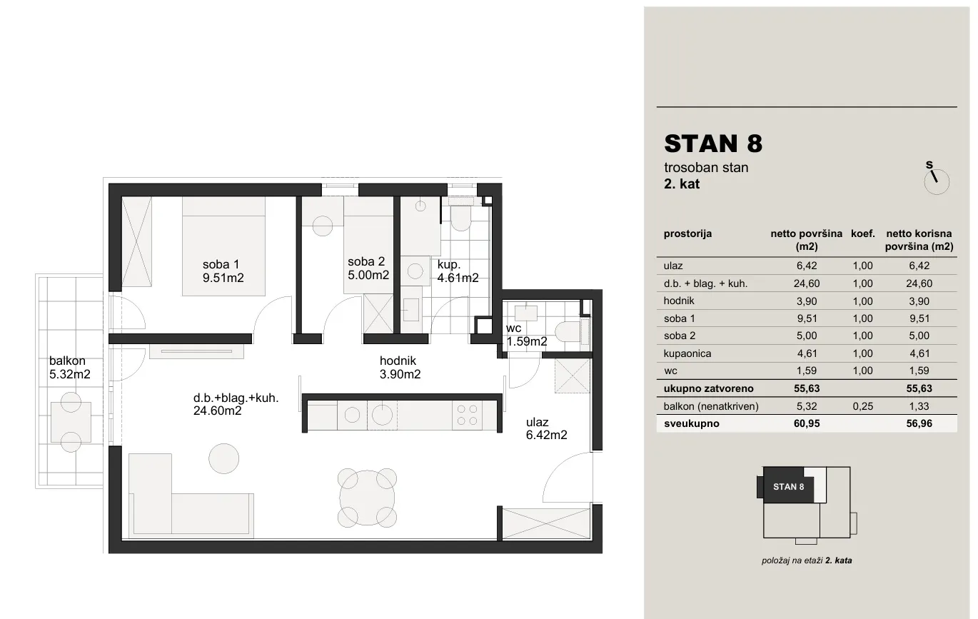 zagreb, hrvatski leskovac trosoban stan 57 m² novogradnja - slika 5