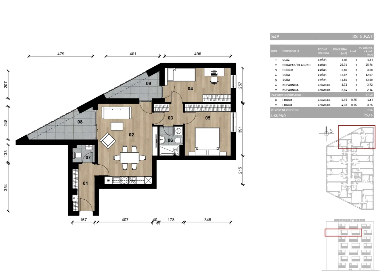 zagreb, vrapče, novogradnja, trosoban stan na petom katu s dvije loggie, 75 m² - slika 4