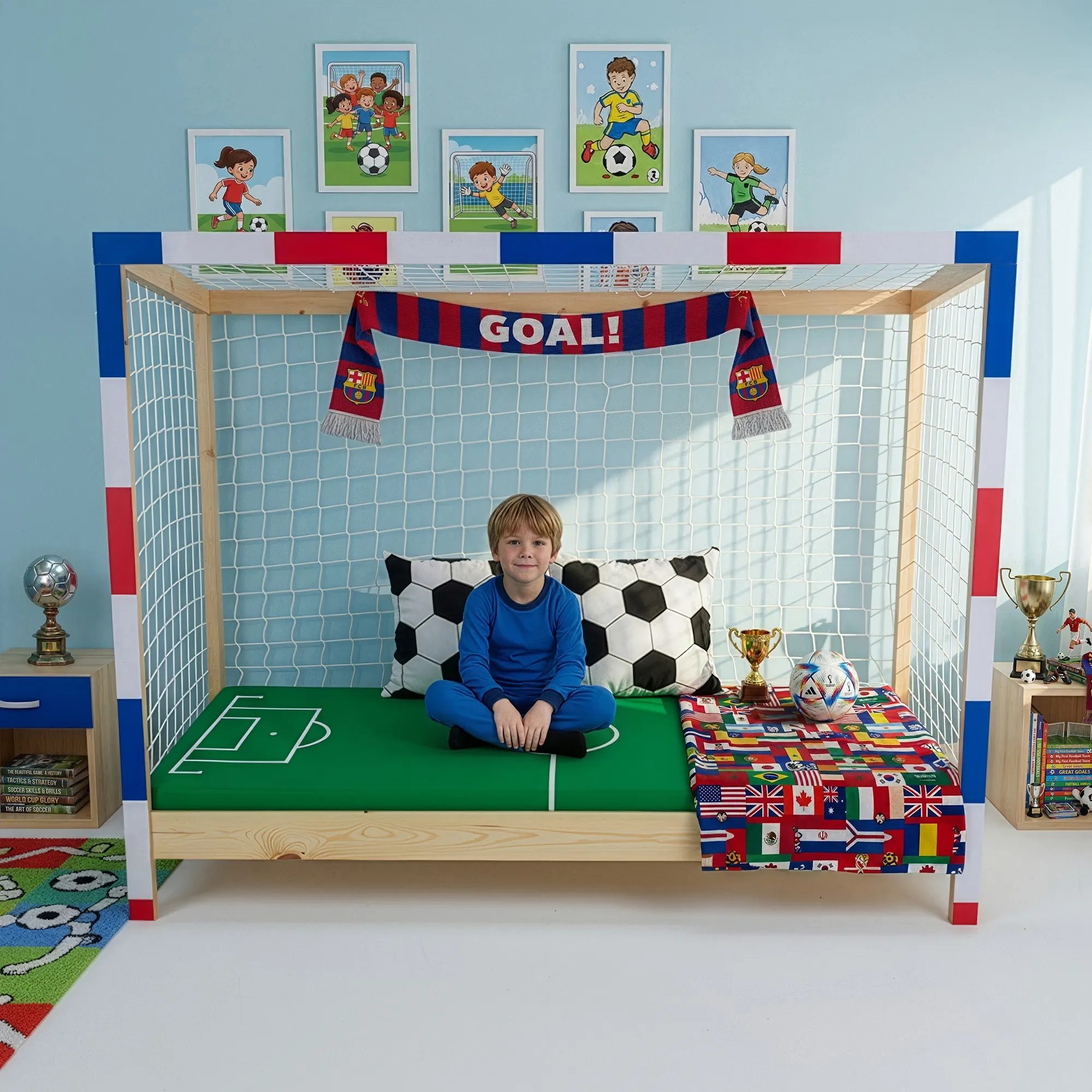 montessori krevet 90x200, futal – crveni-bijeli-plavi - slika 2