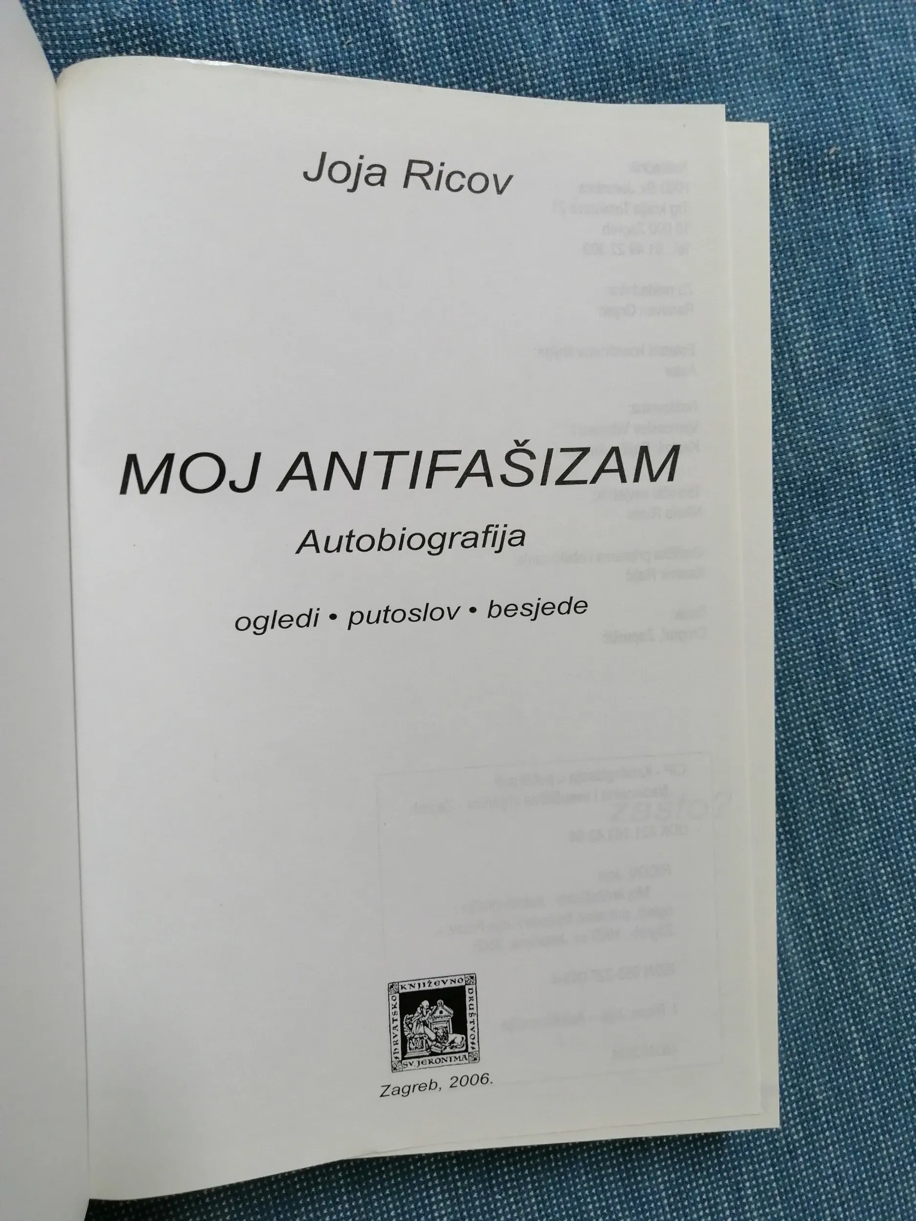 Joja Ricov – Moj antifašizam : autobiografija - Zagreb