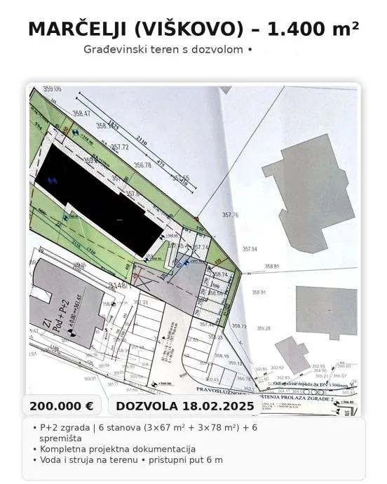 VIŠKOVO- Zemljište 1.400 m² s dozvolom za zgradu s 6 stanova - Marčelji, Viškovo