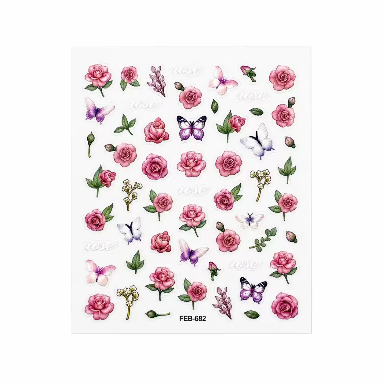 3D Nail Stickers Pink roses and butterflies - Zagreb