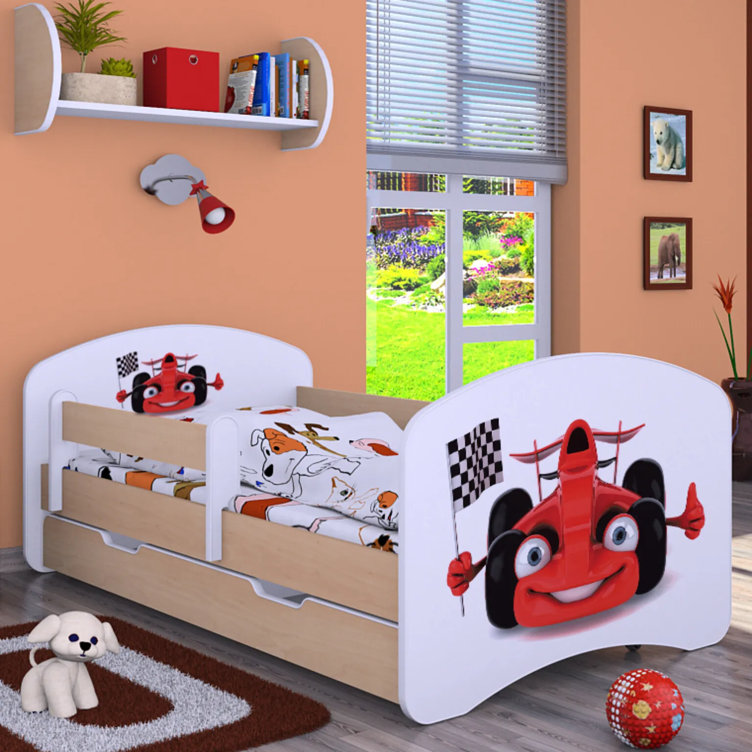 drveni dječji krevet happy trkaći auto s ladicom – 160×80 - slika 2