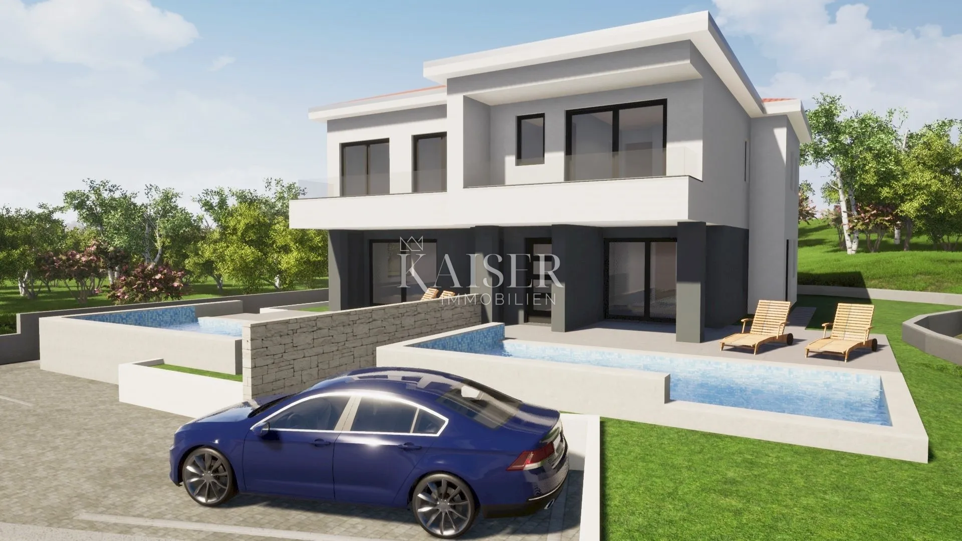 Otok Krk, Malinska- moderna dvojna kuća 120m2 s bazenom - Malinska, Malinska-Dubašnica