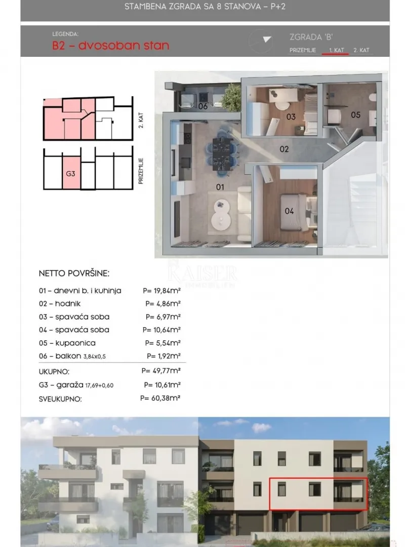 istra, pula- dvosoban stan 60m2 s garažom i balkonom - slika 6