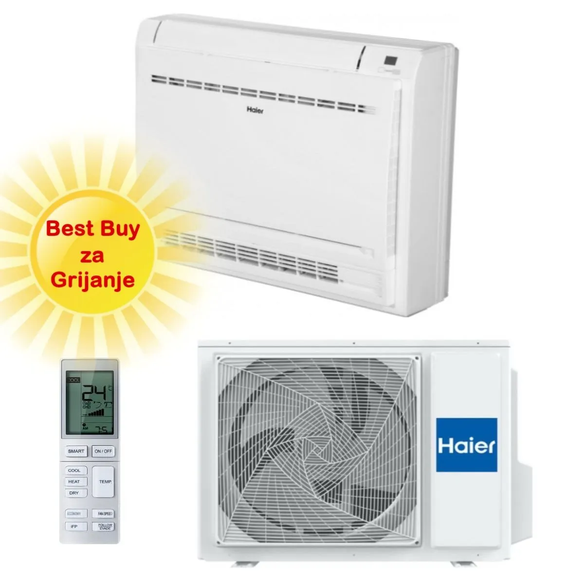 haier klima uređaj 3,4kw af35s2sd1fa/1u35s2sm1fa - podna/parapetna, za prostor do 35m2, a++ energetska klasa - slika 1