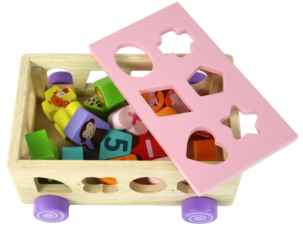 drveni sorter na kotačićima s edukativnim geometrijskim oblicima rozi - slika 4