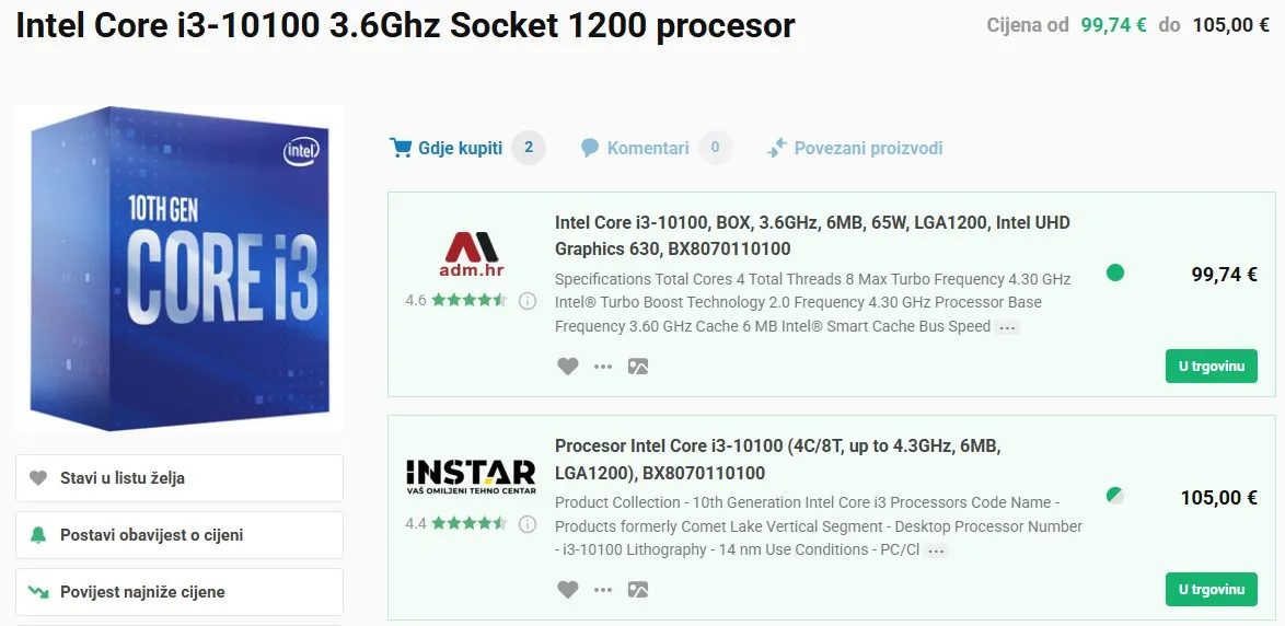 intel core i3-10100, 4.3ghz, 6mb, 65w, lga1200, uhd 630 graphic - slika 2