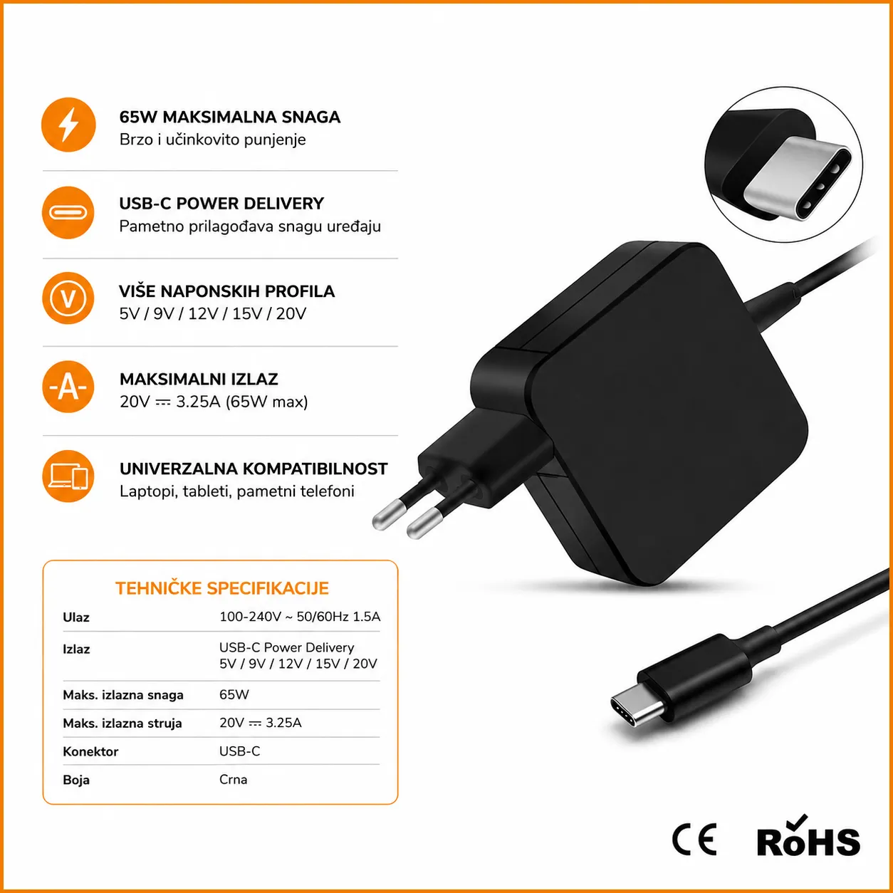 Optimus 65W punjač za laptop (20V/3.25A, 15V/12V/9V/5V, USB-C konektor) - Zagreb