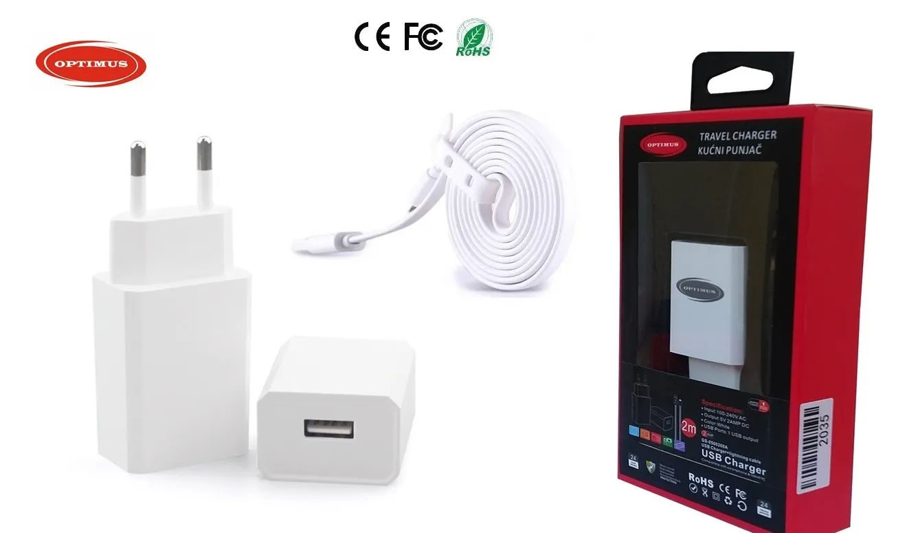 Optimus 10W punjač za mobitele i tablete (5V/2A, USB-A, bijeli) + Lightning kabela za Apple uređaje 1.5 m - Zagreb