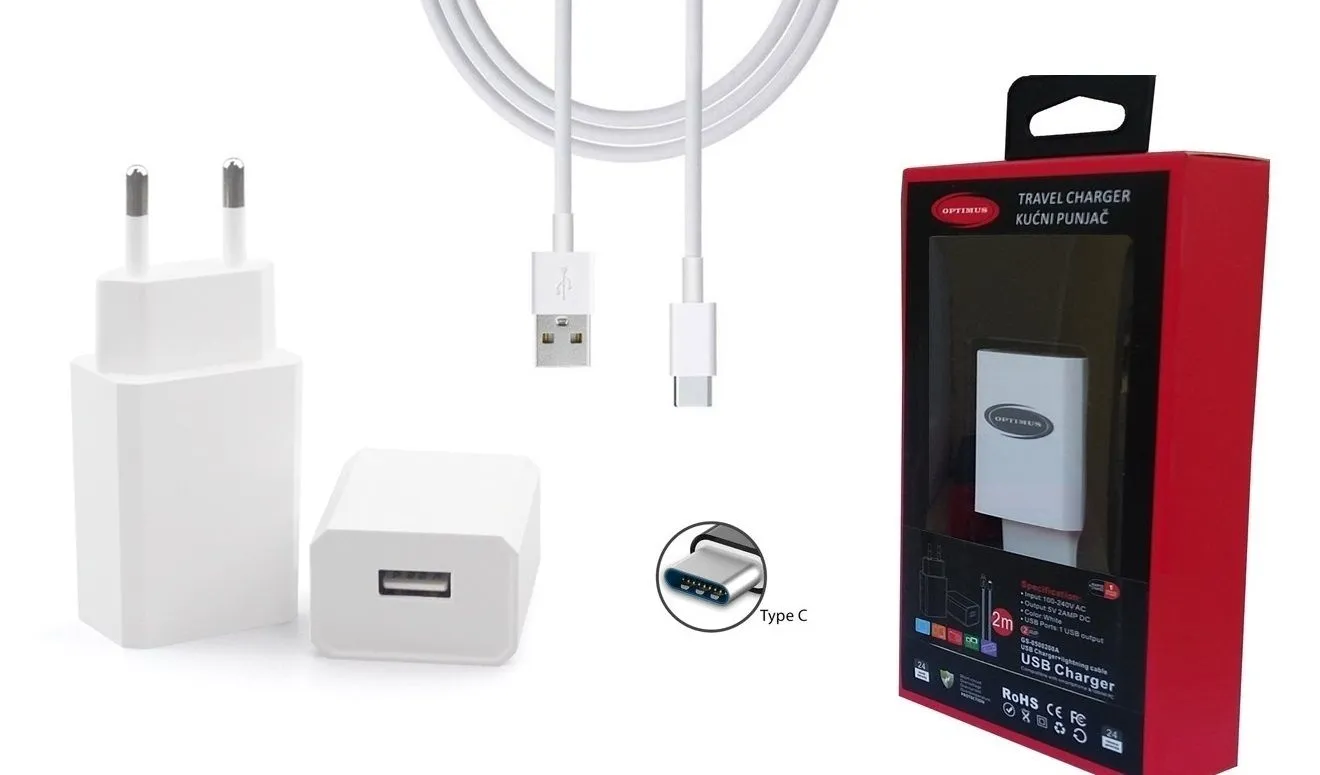 Optimus 10W punjač za mobitele i tablete s USB-C kabelom (5V/2A, USB-A, bijeli) - Zagreb
