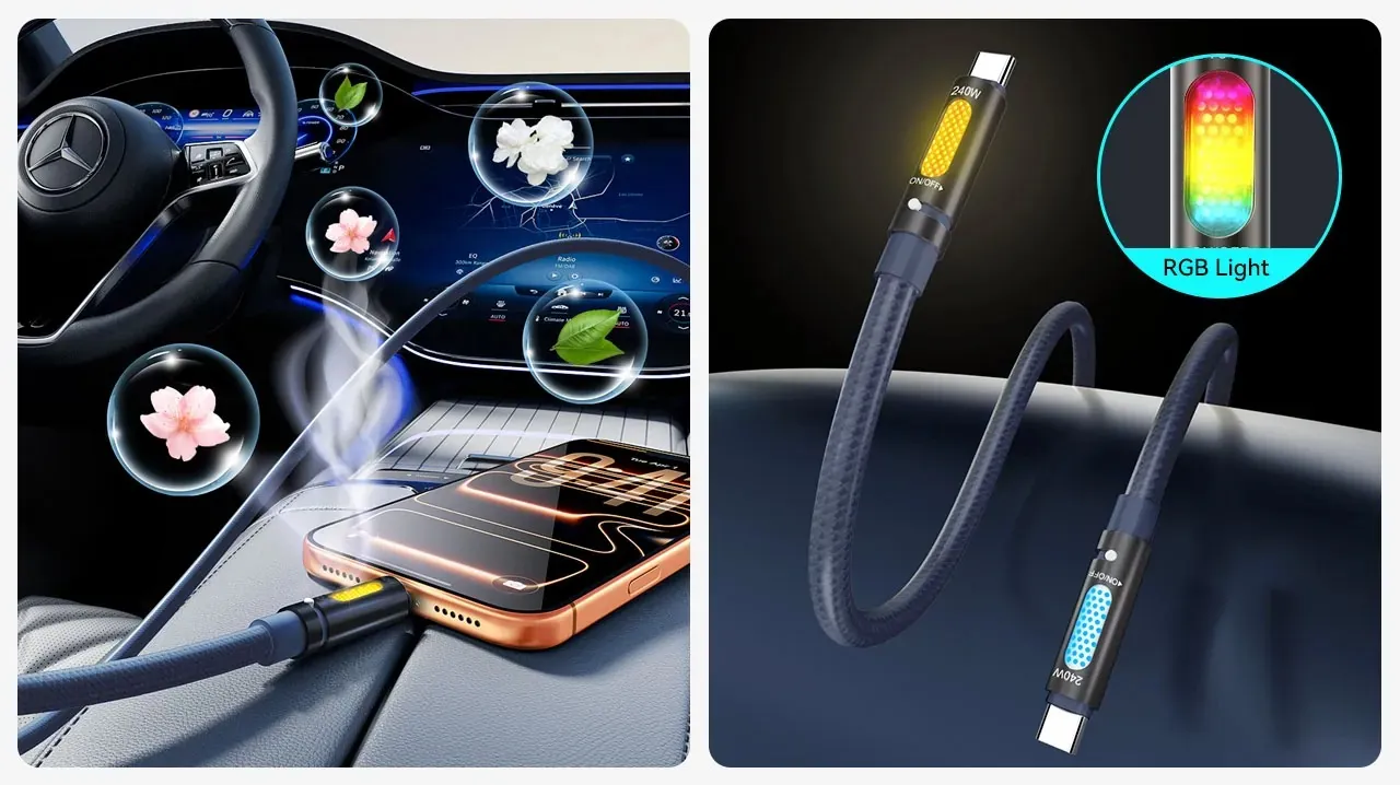 bwoo usb-c na usb-c kabel za punjenje s rgb ambijetalnim osvjetljenjem i aromaterapijom, 240w, 1.2 m - slika 3