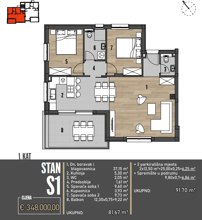 dvosoban stan na prvom katu, novogradnja, brodarica, 91,70 m2 - slika 9
