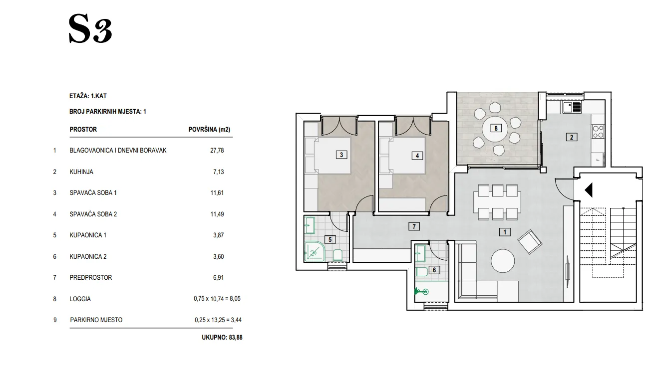 dvosobni stan na prvom katu, novogradnja, primošten, 84 m2 - slika 5