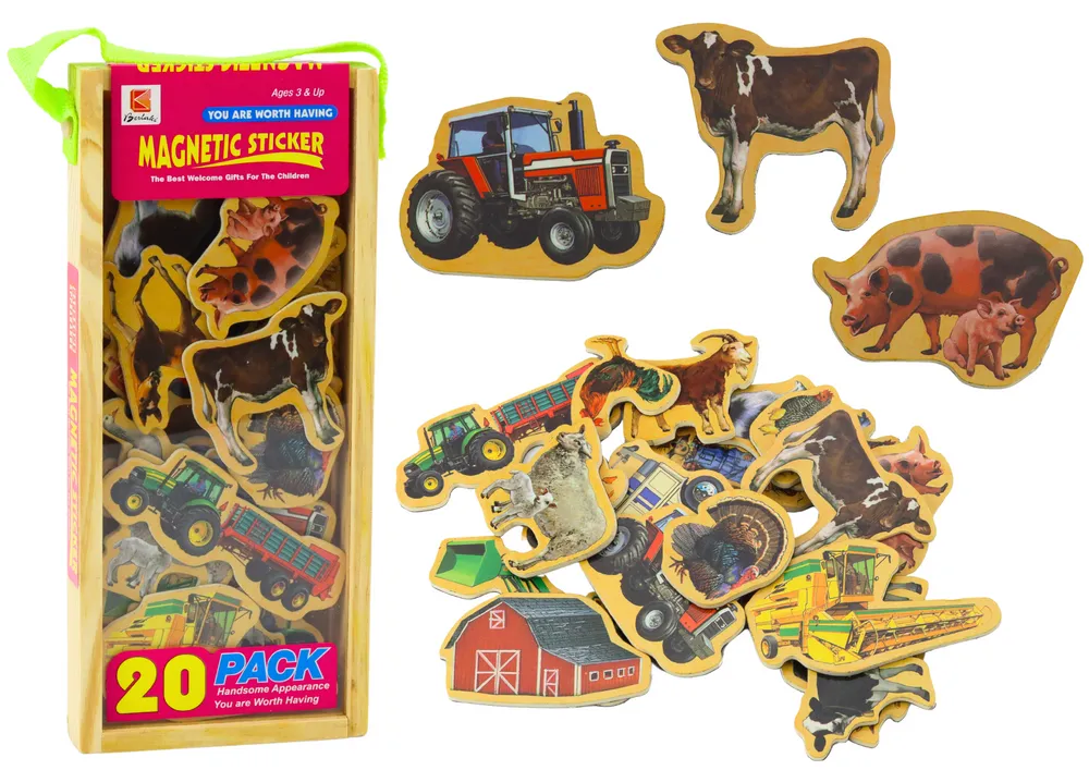 Set of Wooden Magnets, Home Animals, Agricultural Machines, 20 Pieces - Mursko Središće