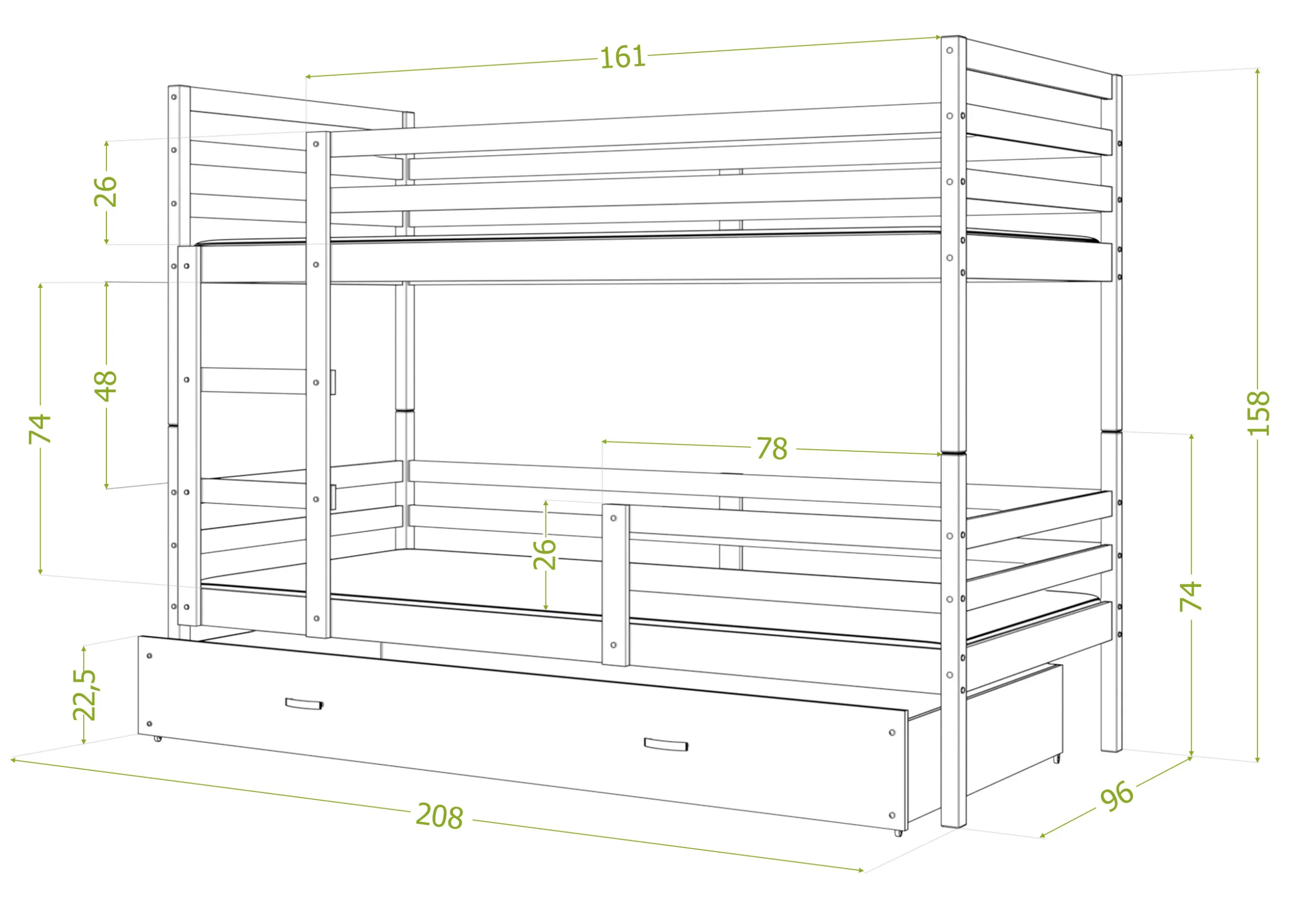krevet na kat 200×90 – praktična ladica - slika 4