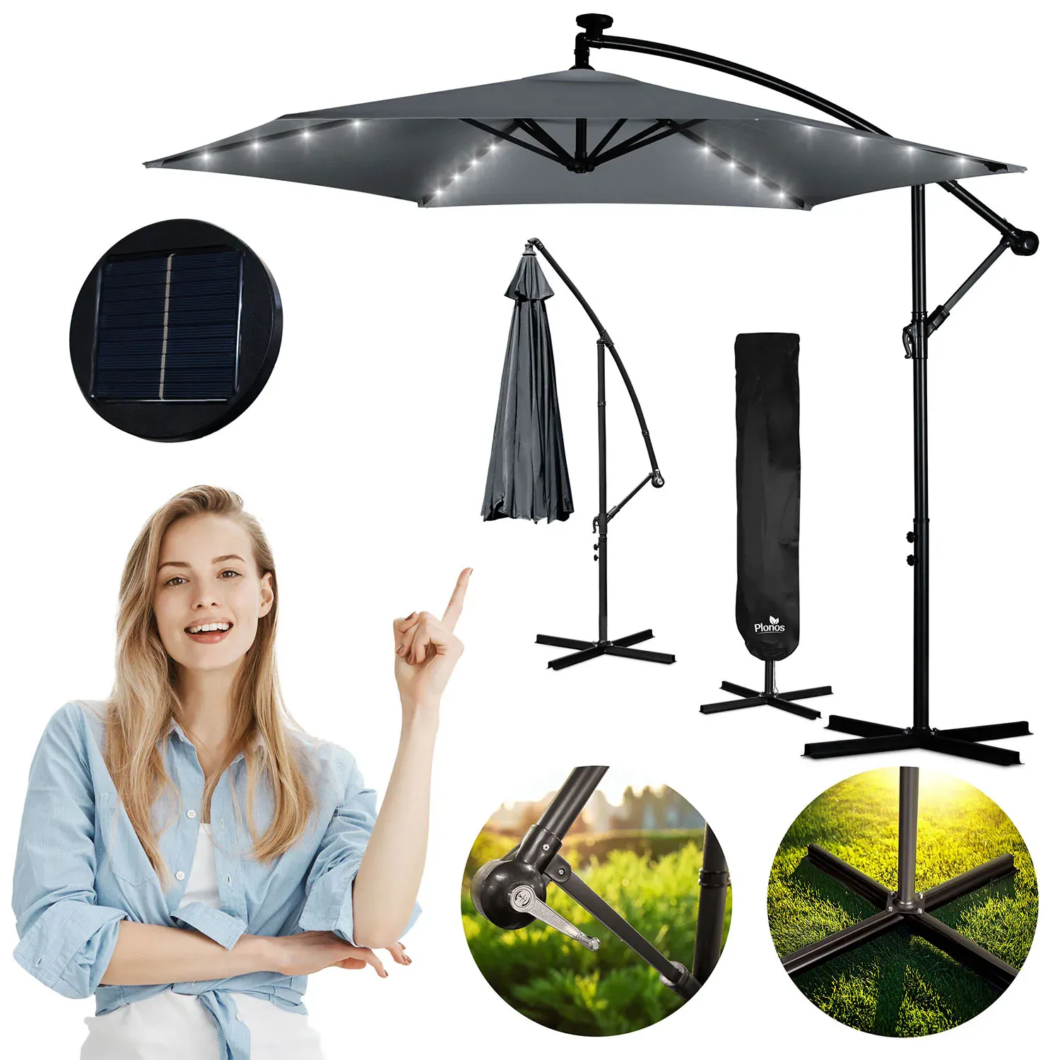 veliki vrtni suncobran s led svjetlima plonos 350 cm sivi - slika 2