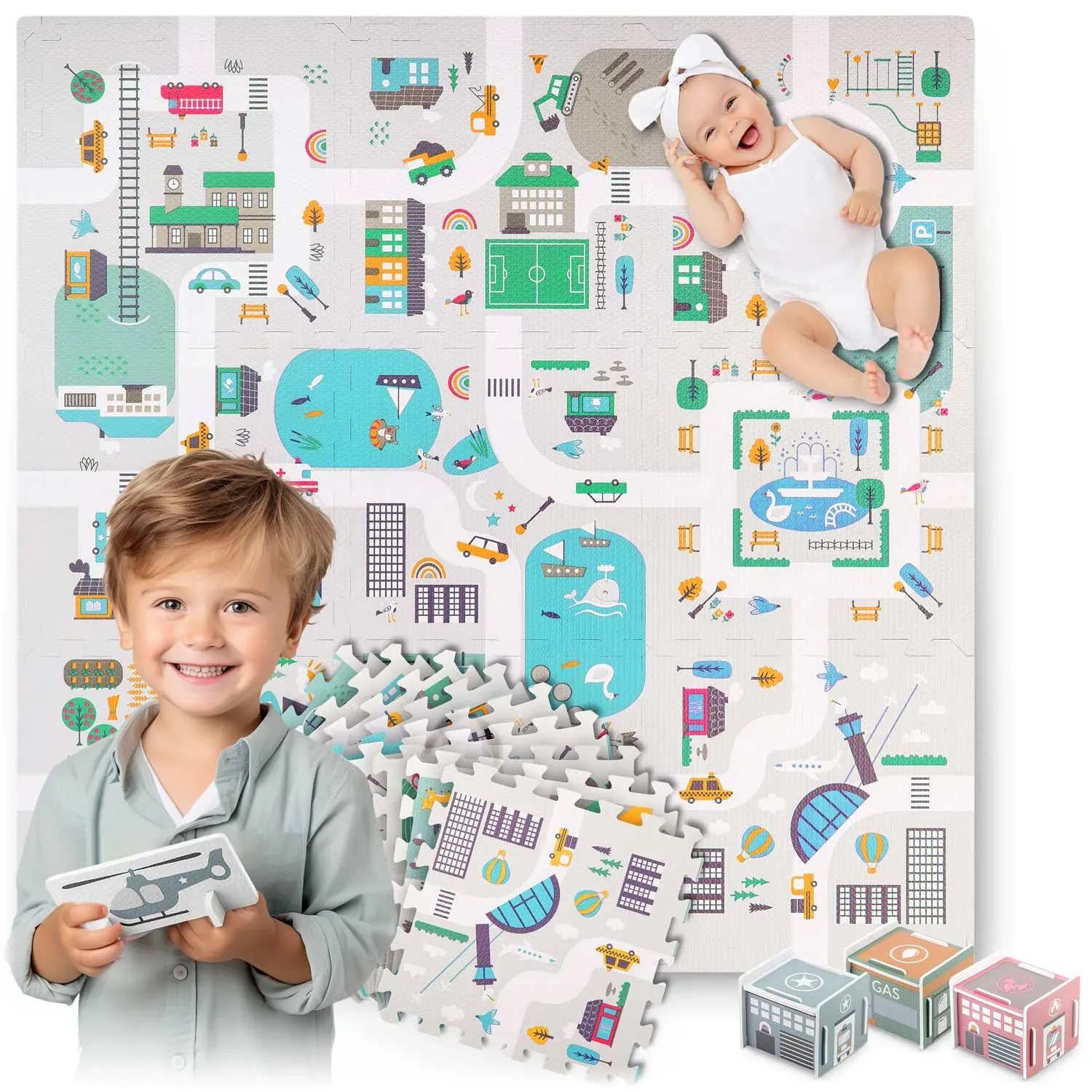 nukido sklopive puzzle podloga 120 x 120 cm + pjenaste figure ,grad - slika 2