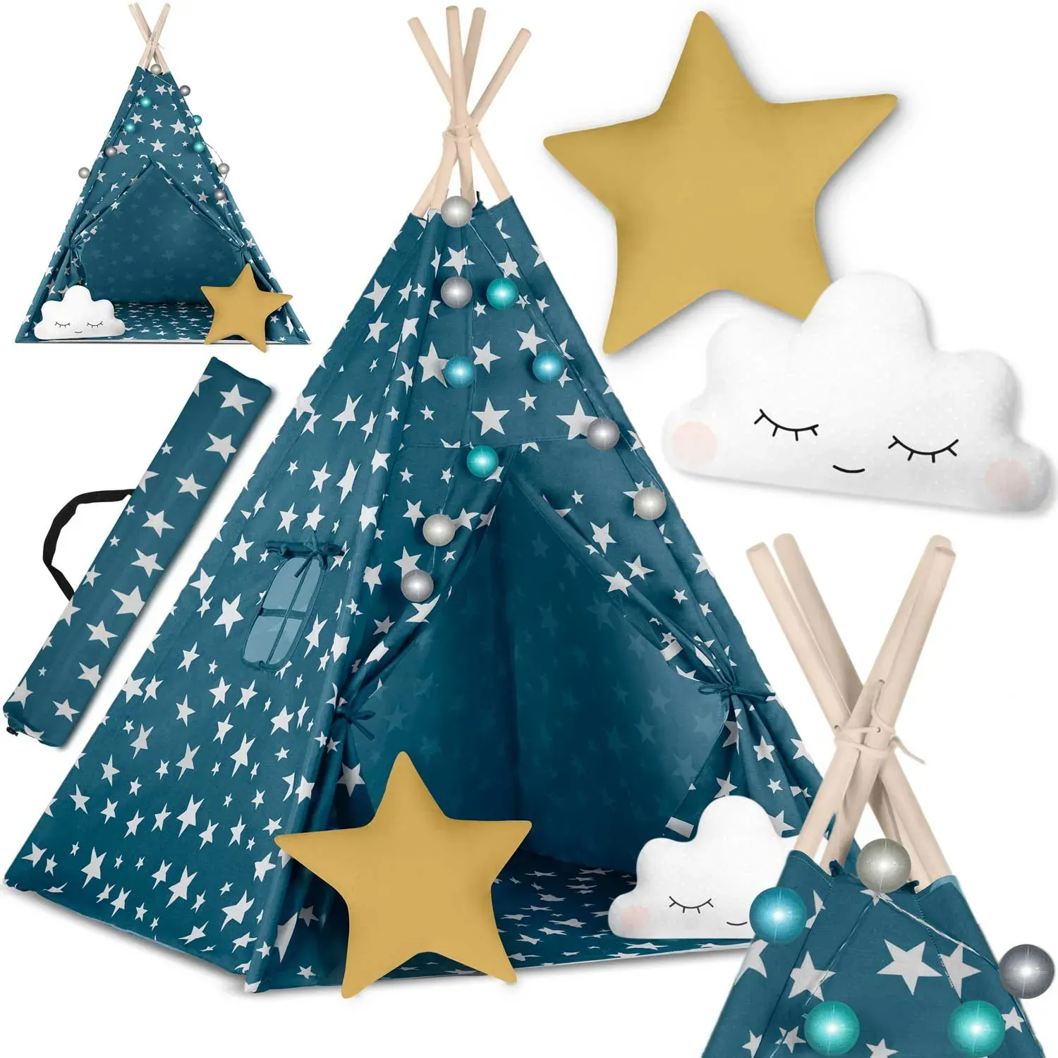 teepee šator za djecu s nukido svjetlima - plavi - slika 2