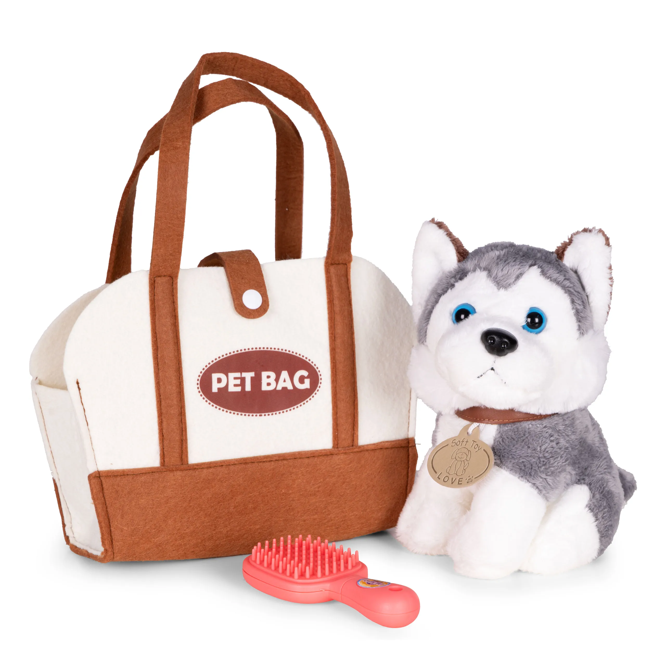 plišani pas husky u torbi – igračka za djecu + četka za njegu - slika 5