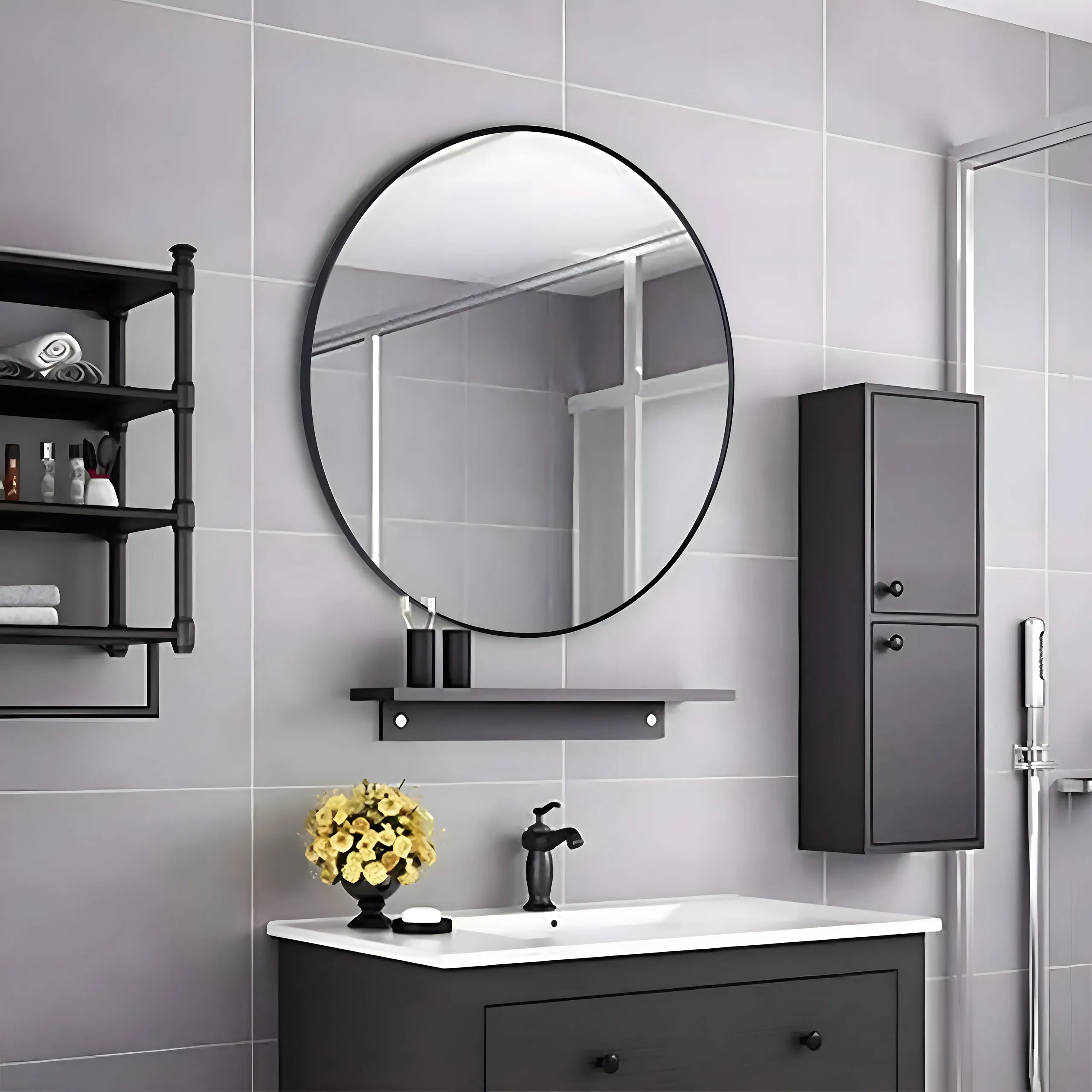 modernhome viseće ogledalo 60 cm, crni aluminijski okvir - slika 9