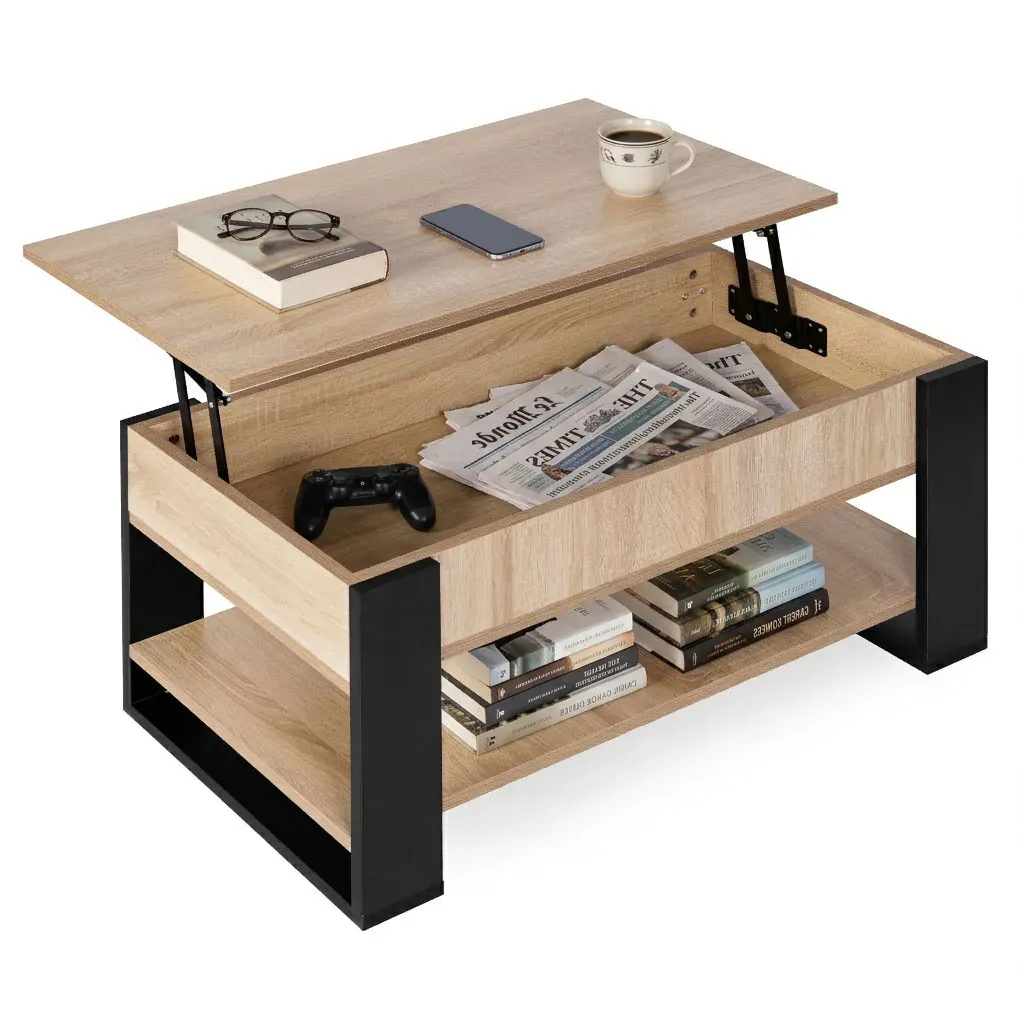modernhome stolić za kavu s podiznom i proširivom pločom 90 cm, spremnik za pohranu, polica, sonoma hrast - slika 2