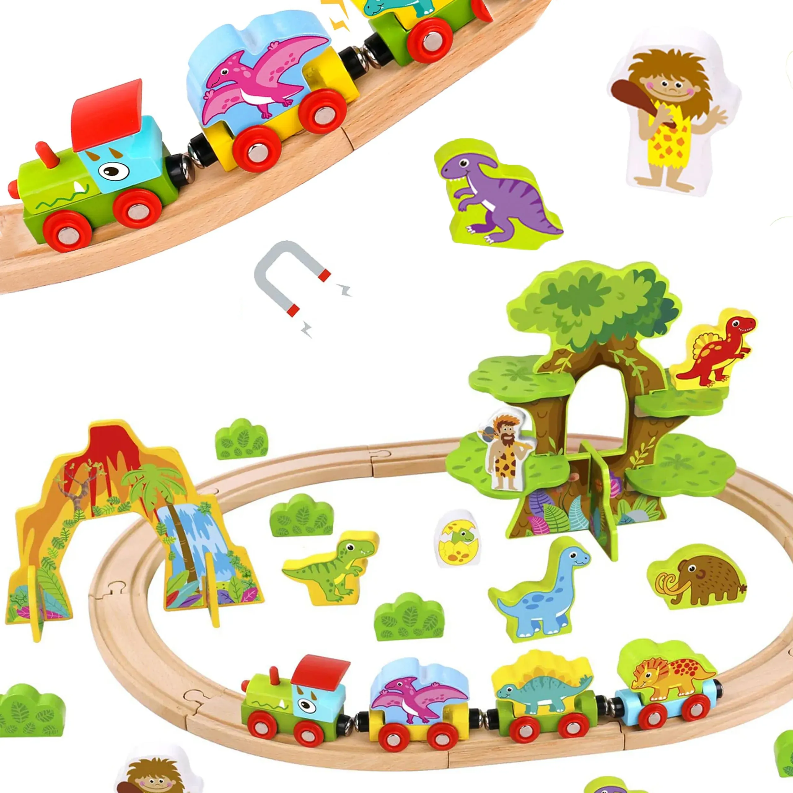tooky toy drvena magnetna željeznica s dinosaurima + figurice - slika 2