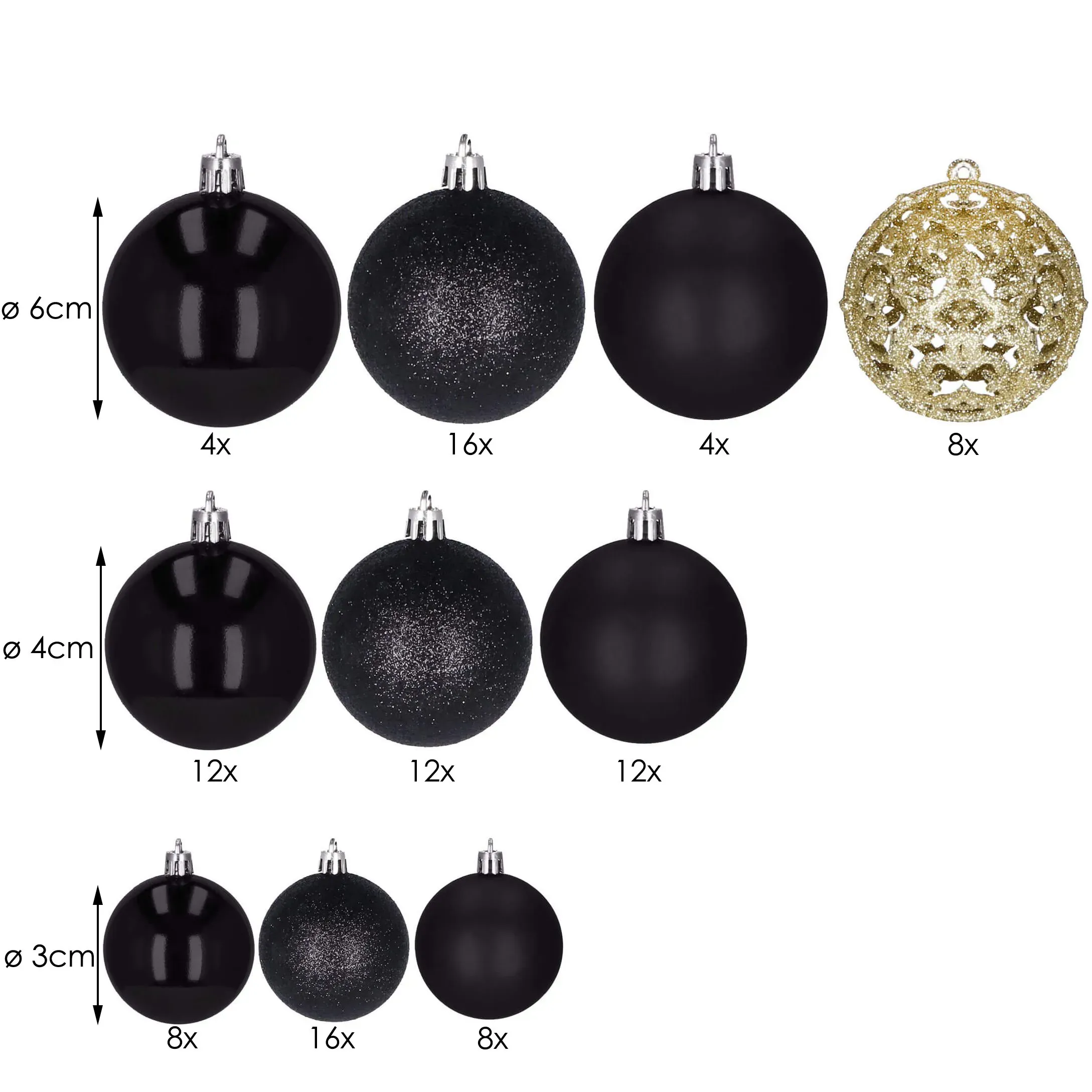 božićne kuglice 3 / 4 / 6 cm – set 100 komada crna i zlatna - slika 2