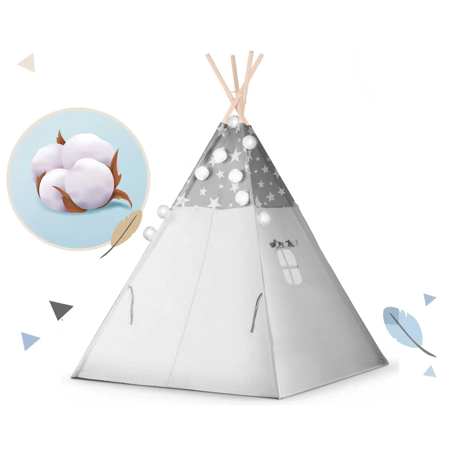 teepee šator za djecu s girlandom i nukido svjetlima - sivi sa zvjezdicama - slika 4