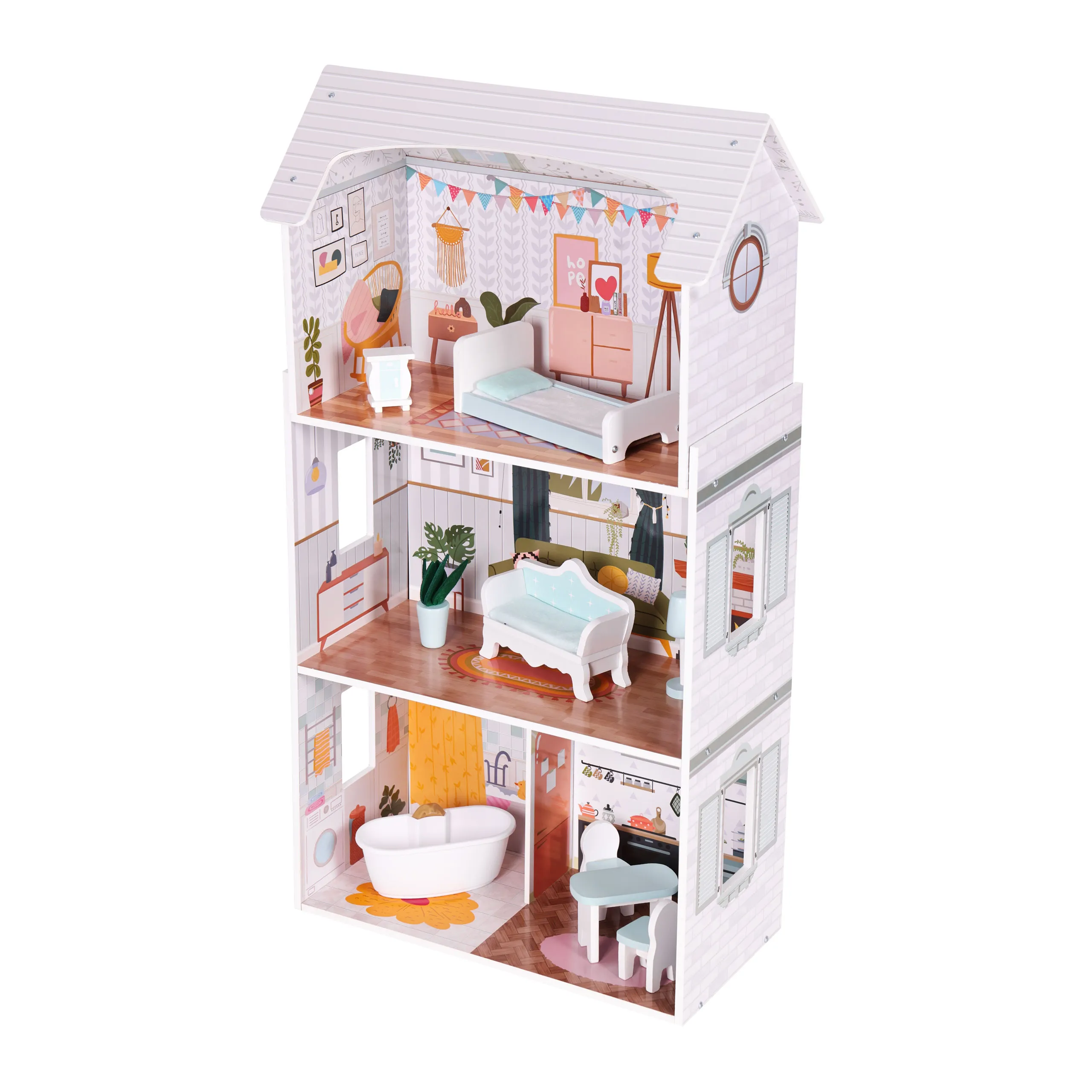 ecotoys kućica za lutke alice – 3 kata, 4 sobe i 9 komada namještaja - slika 5