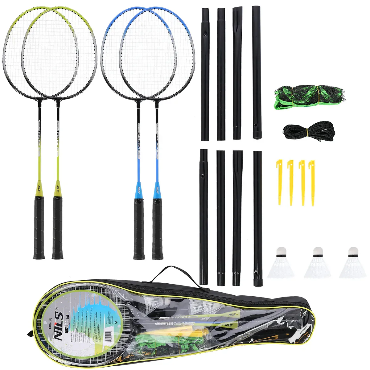 Set za badminton 4 rakete + 3 lopte za loptice + mreža 195x22cm + navlaka - Pribislavec