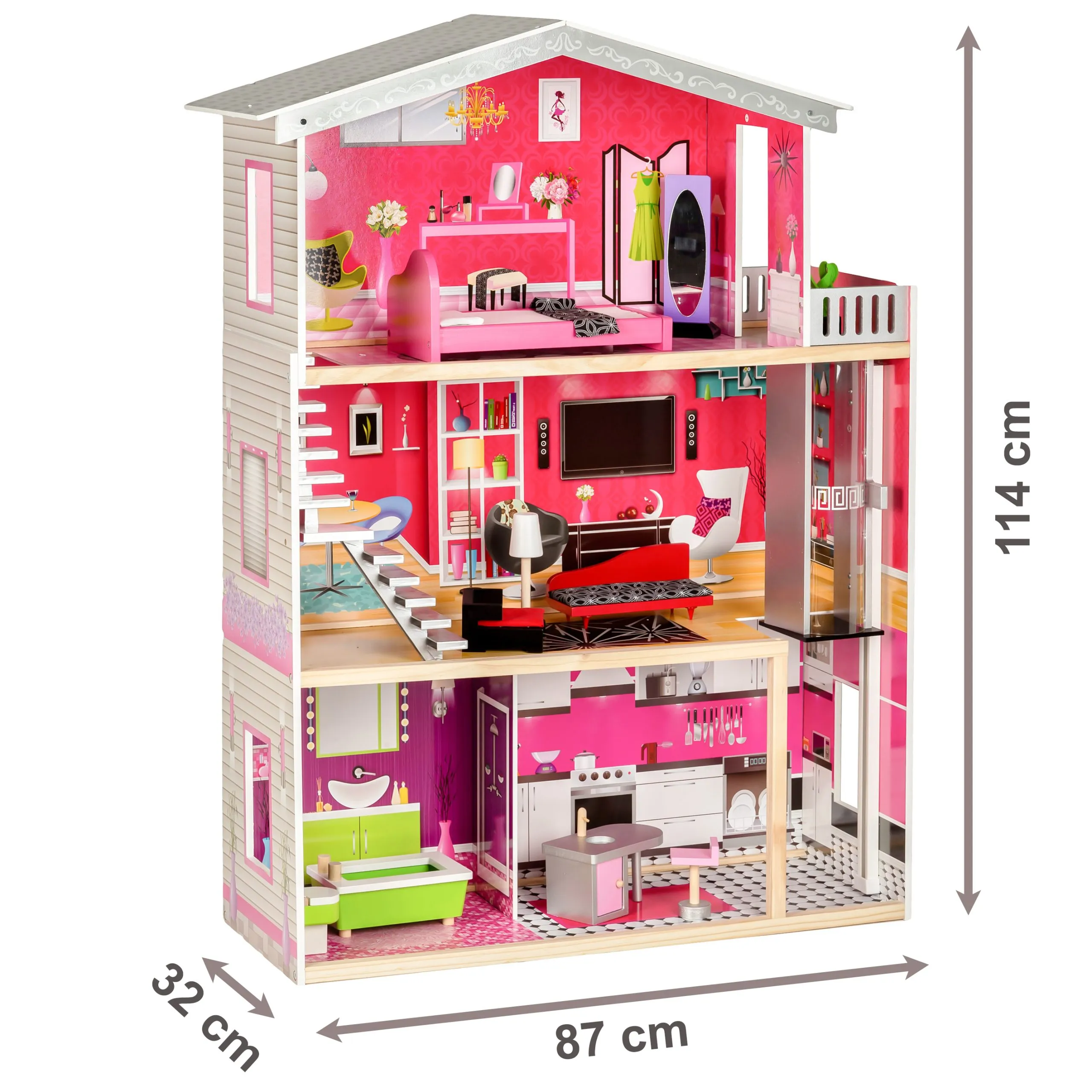 velika drvena kućica za lutke s liftom - malibu residence ecotoys - slika 6
