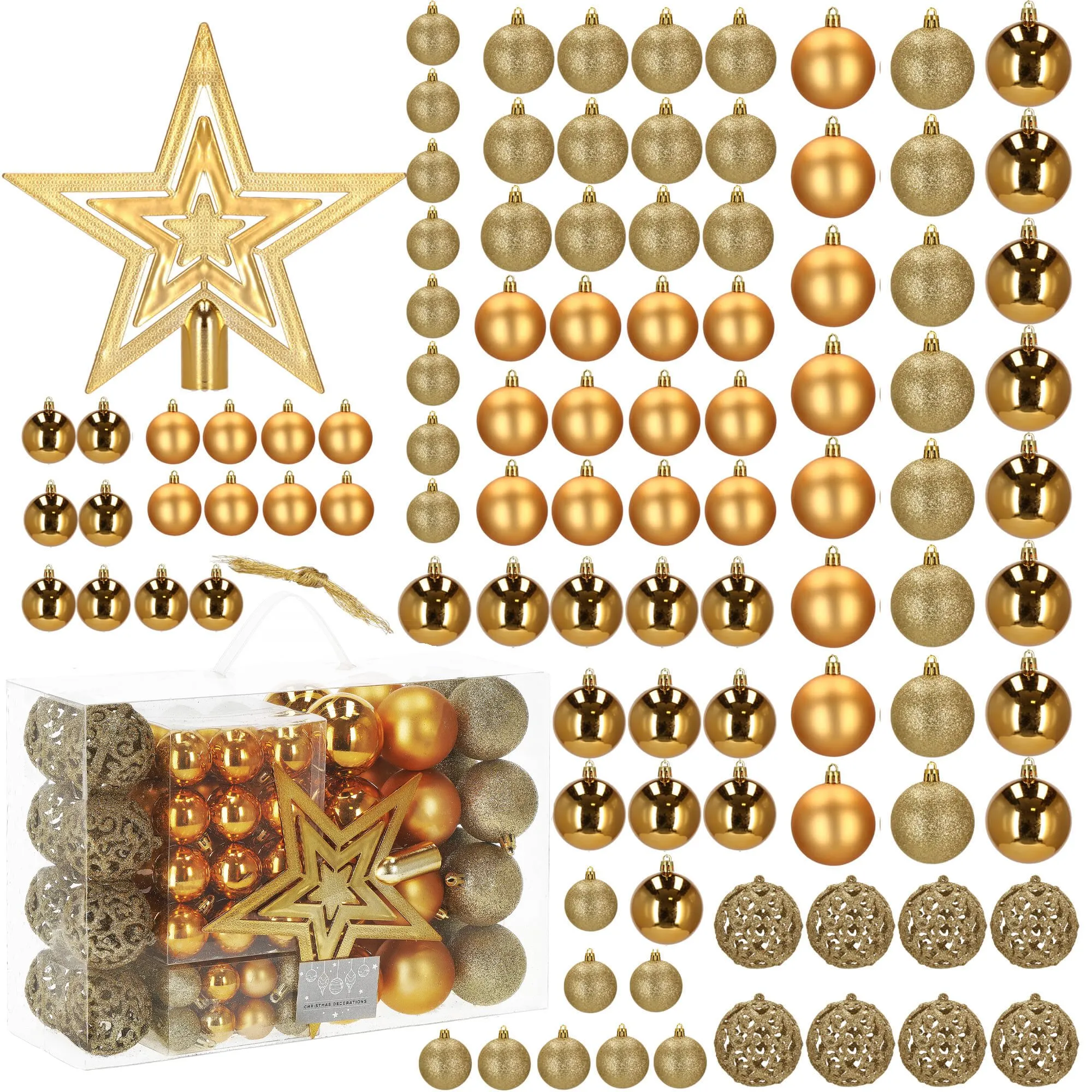 set božićnih kuglica 3–6 cm – 101 komad zlatne - slika 11
