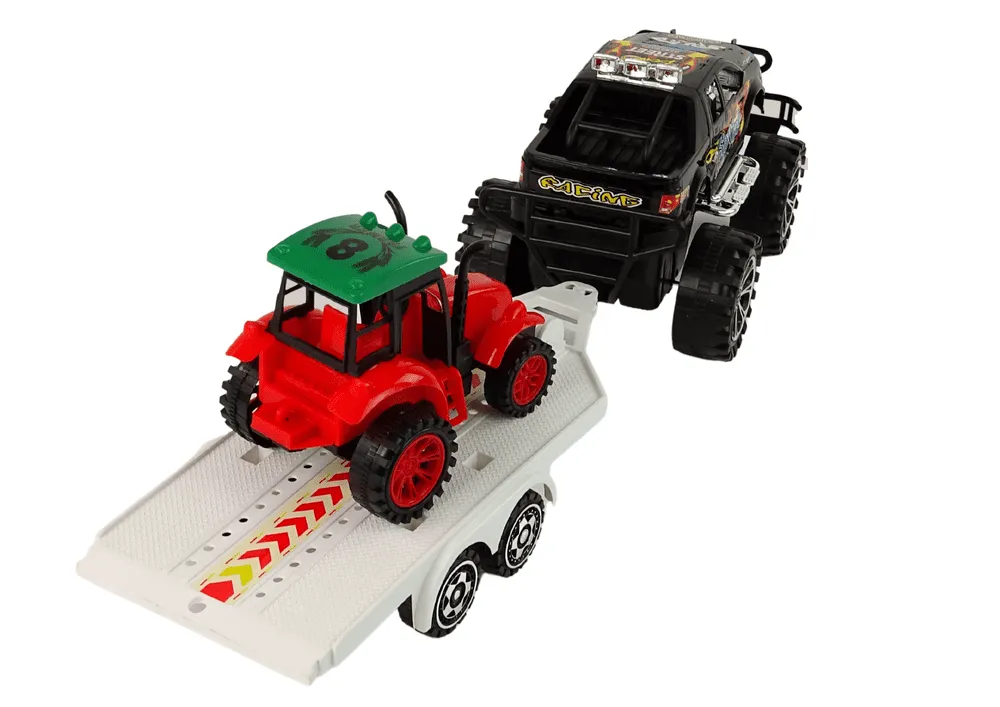 set vozila monster truck s bagerom na prikolici crno - crveni - slika 8