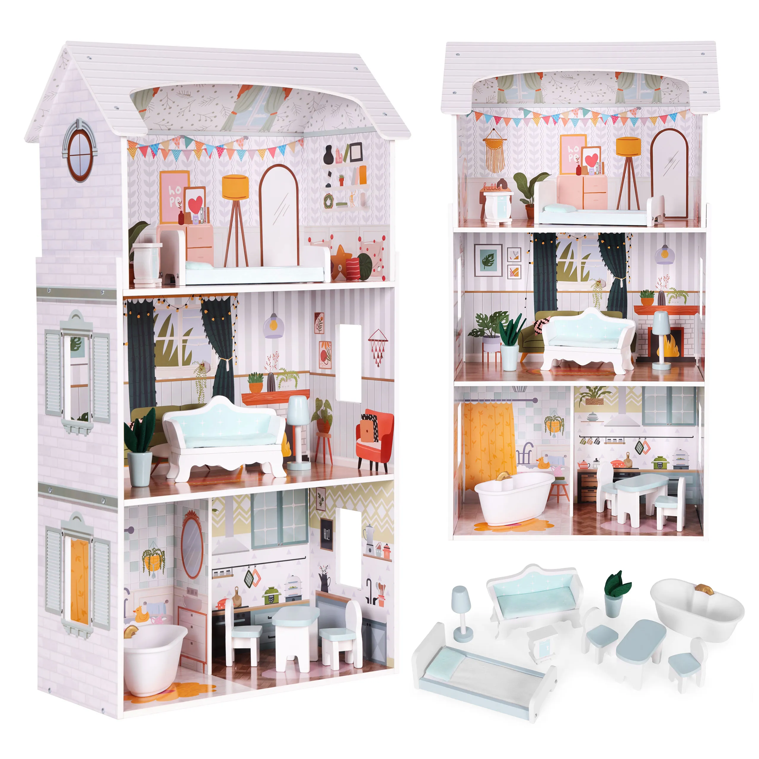 ecotoys kućica za lutke alice – 3 kata, 4 sobe i 9 komada namještaja - slika 2