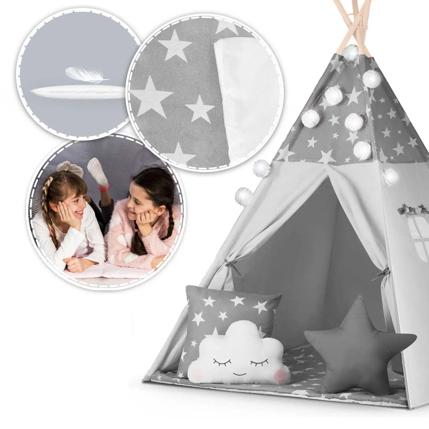 teepee šator za djecu s girlandom i nukido svjetlima - sivi sa zvjezdicama - slika 10