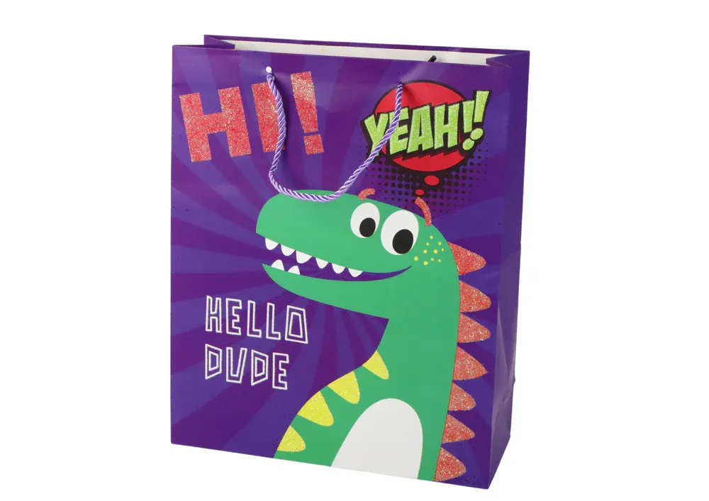 ljubičasta papirnata vrećica za poklon od dinosaura 41,5 cm x 30 cm x 12 cm - slika 2