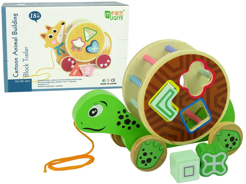 montessori kornjača na razvrstavanje drvenih blokova na kotačima zelena - slika 2