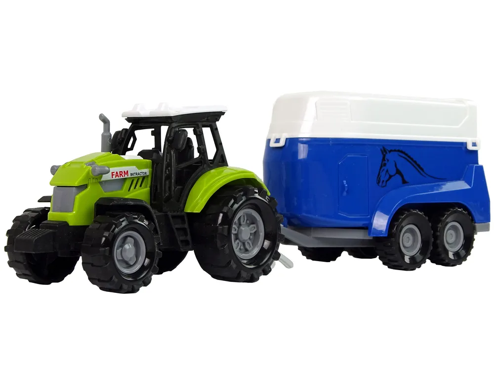 zeleni traktor s plavom prikolicom za prijevoz konja - slika 3