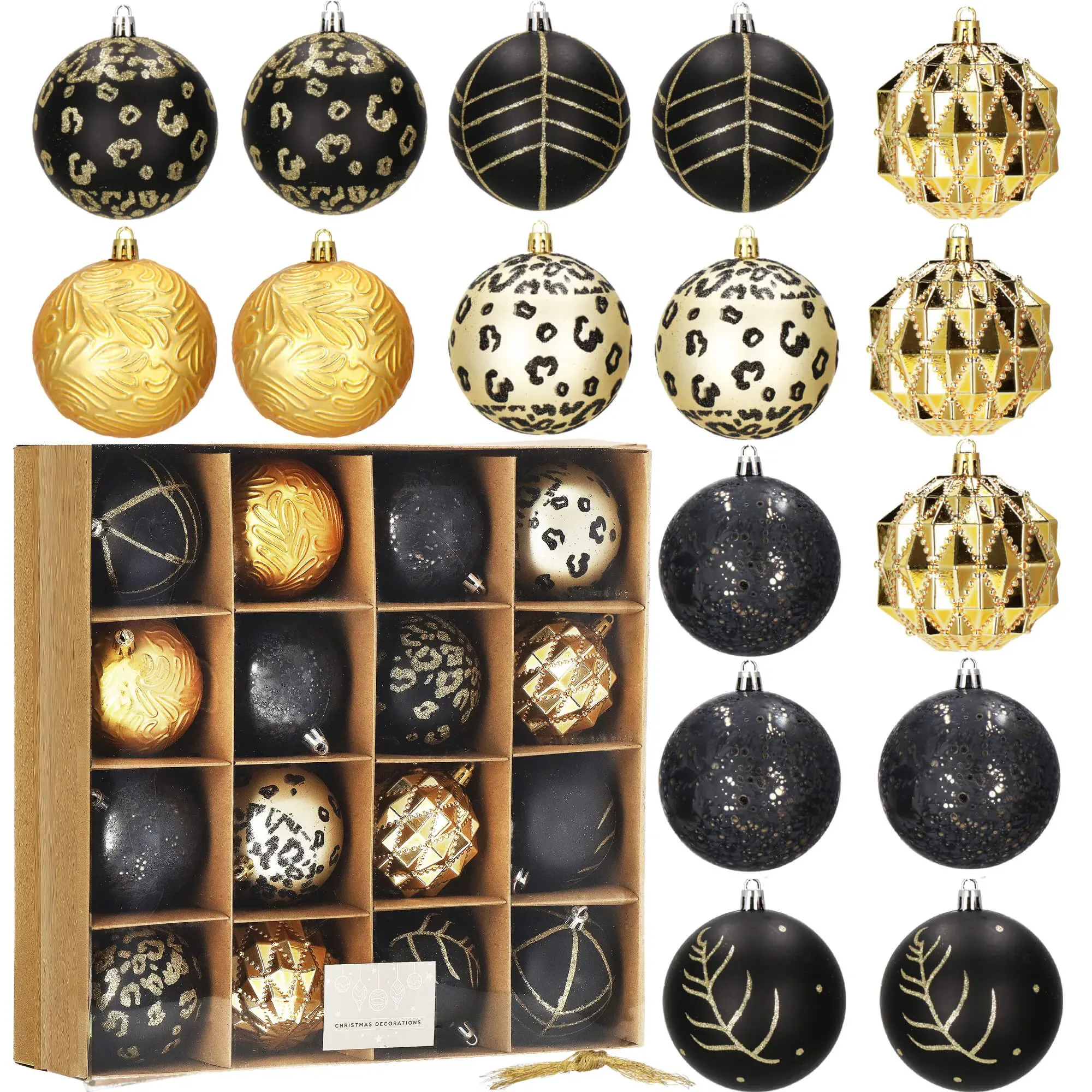 božićne kuglice 8 cm – set od 16 komada, zlatno-crna - slika 2