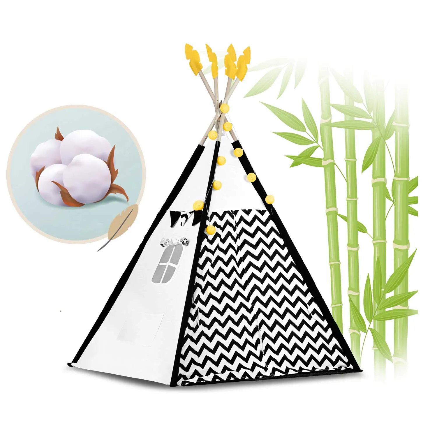 teepee šator za djecu s girlandom i svjetlima, crno-bijeli s pandom - slika 9