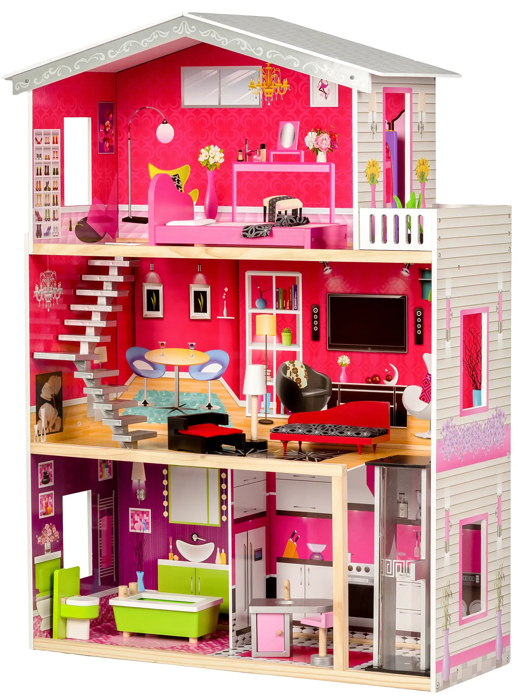 velika drvena kućica za lutke s liftom - malibu residence ecotoys - slika 2