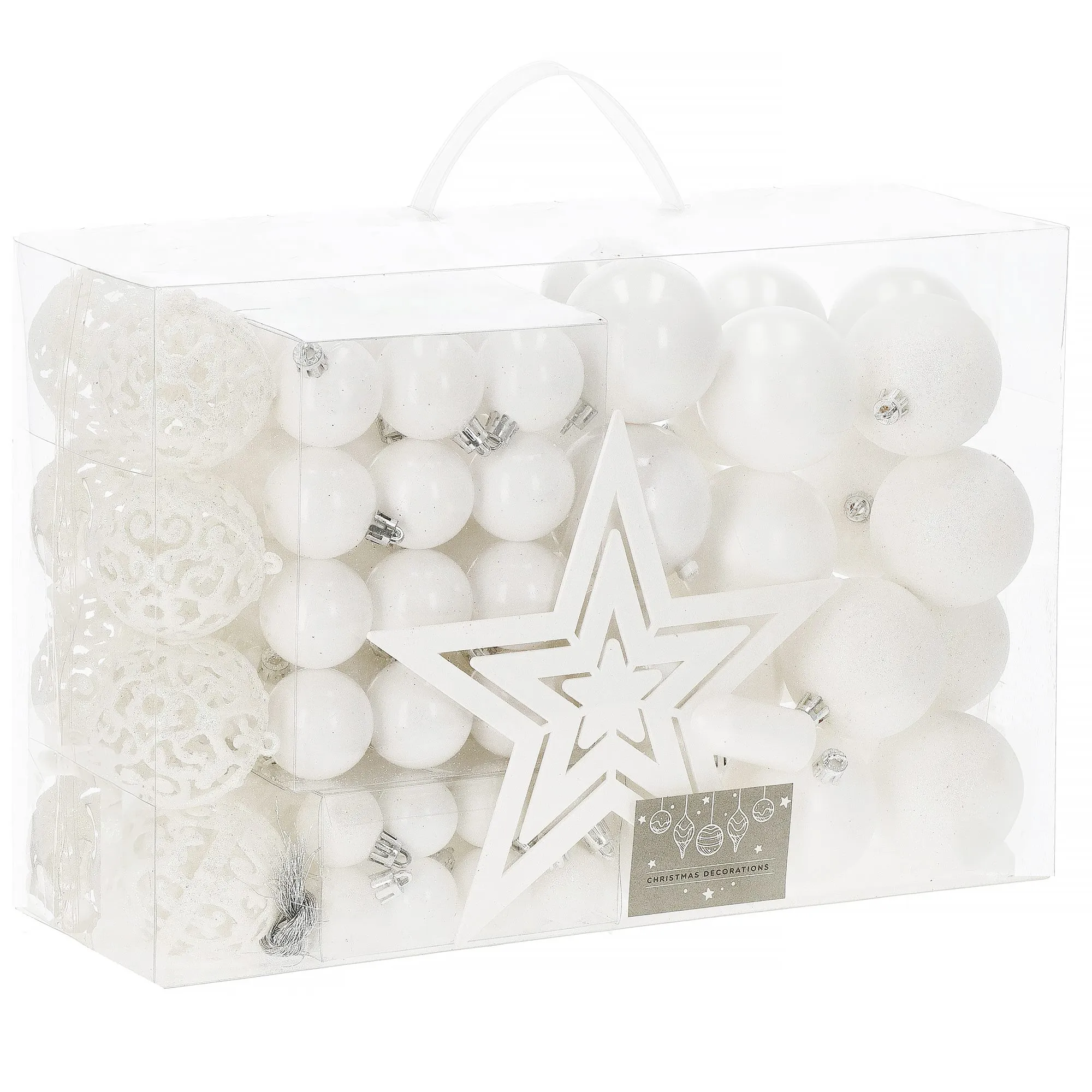 set božićnih kuglica 3–6 cm – 101 komad, nijansa bijele - slika 9